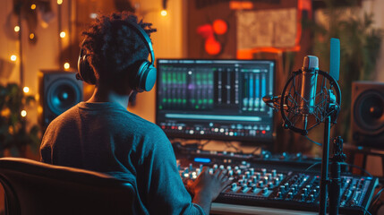 Obraz premium Podcast creator setting up podcasting equipment in a home studio
