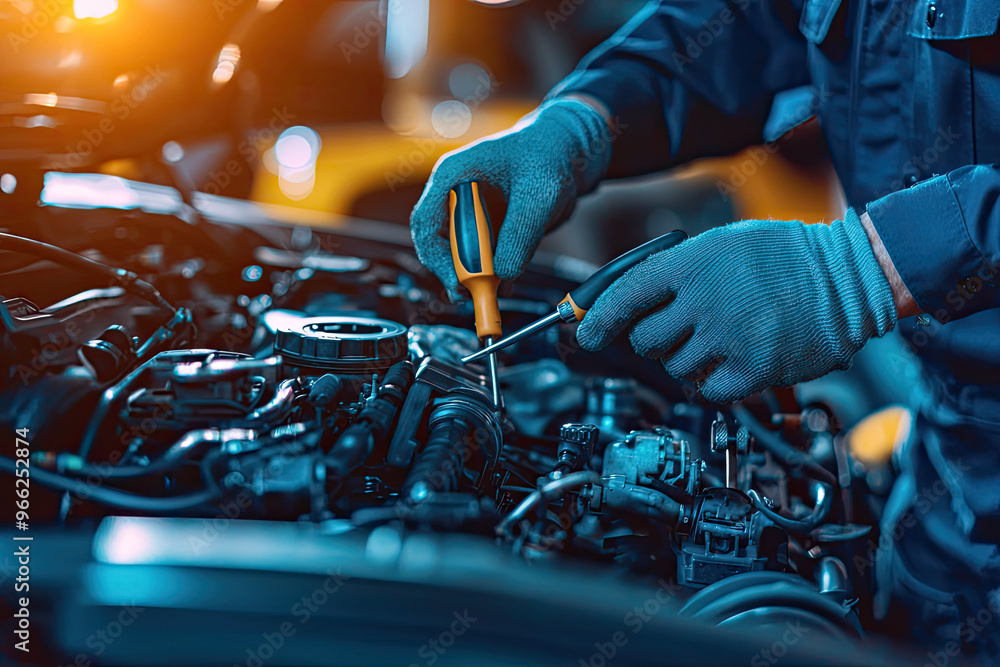 Poster a mechanic using diagnostic tools on car engine, showcasing precision and expertise in automotive re