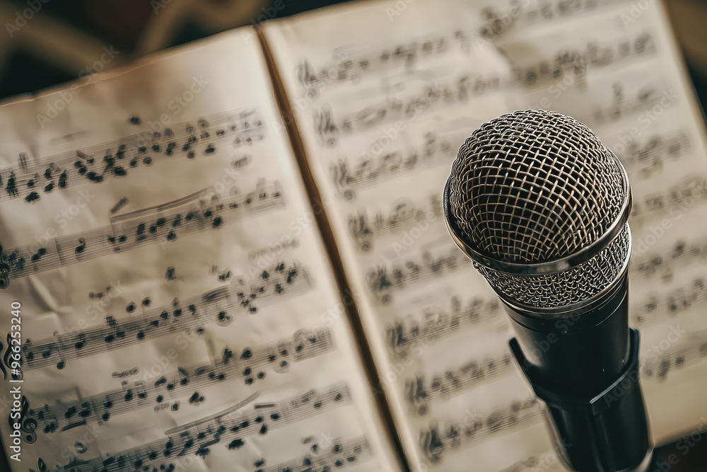 Poster a microphone on stand is prominently displayed in front of sheet music, creating perfect setting for