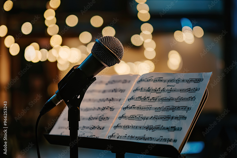 Poster a microphone on stand is prominently displayed with sheet music in background, creating warm and inv