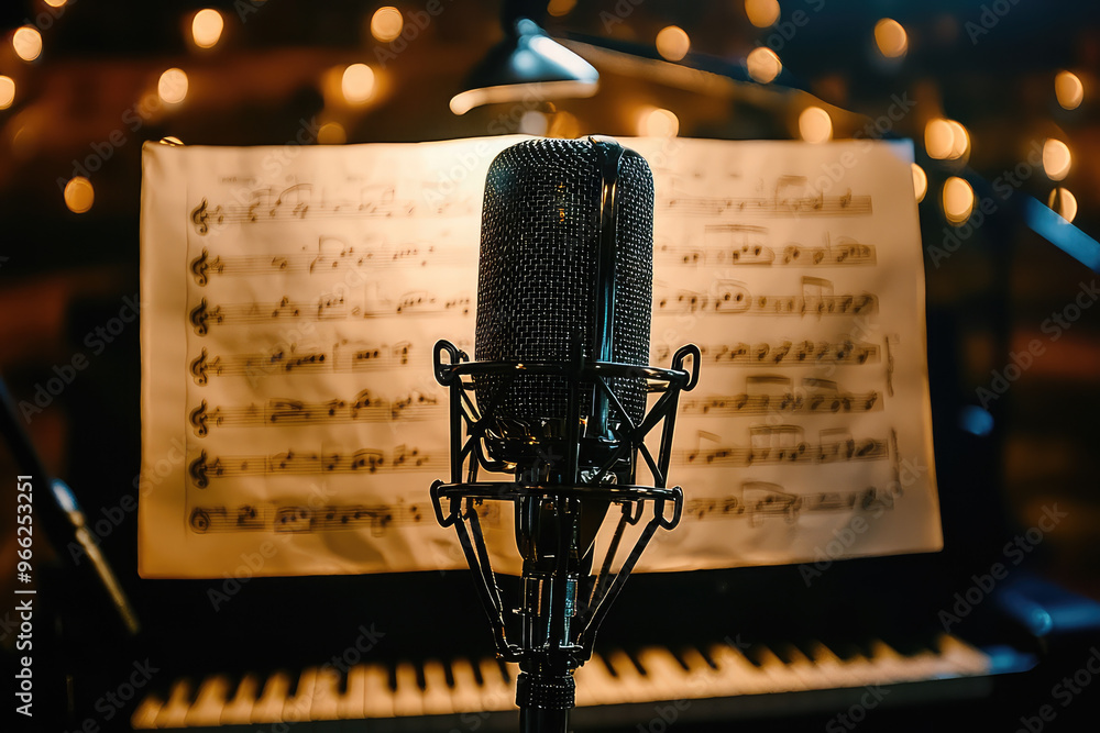 Poster a microphone on stand is prominently featured in front of sheet music, creating captivating atmosphe