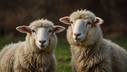 Obraz premium Two sheep graze peacefully green field under an open sky.