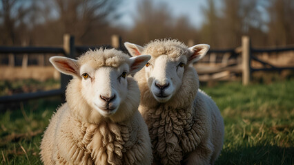 Obraz premium Two sheep graze peacefully green field under an open sky.