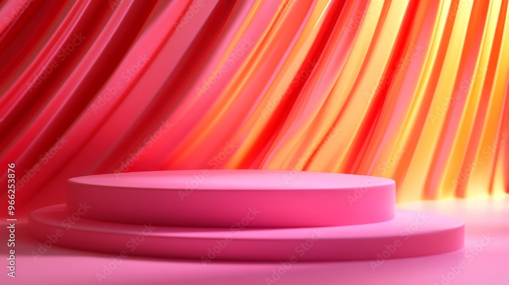 Poster a vibrant, abstract 3d background featuring a geometric platform in a minimalist style. the backdrop