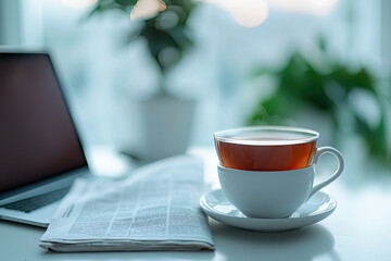 A newspaper lying on desk next to laptop and steaming cup of tea creates cozy and inviting workspace atmosphere. warm tones of tea complement serene environment