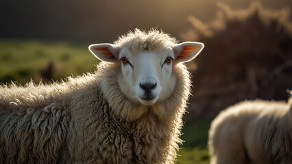 Fototapeta premium Two sheep graze peacefully green field under an open sky.