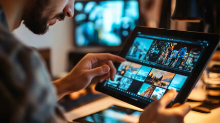 Social media content creator editing a photo using mobile apps on a tablet