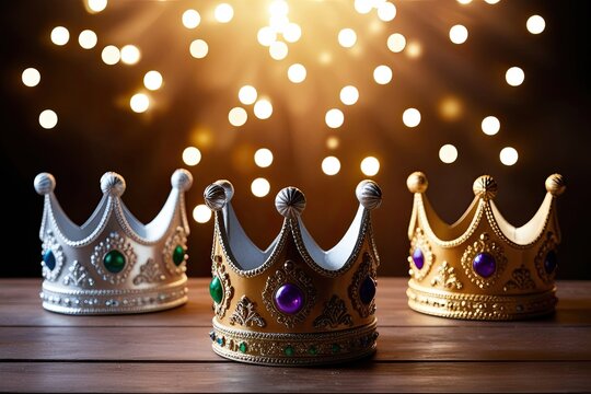 Ornate Crowns Glowing Against a Celebratory Background for Epiphany and Kings' Day Festivities