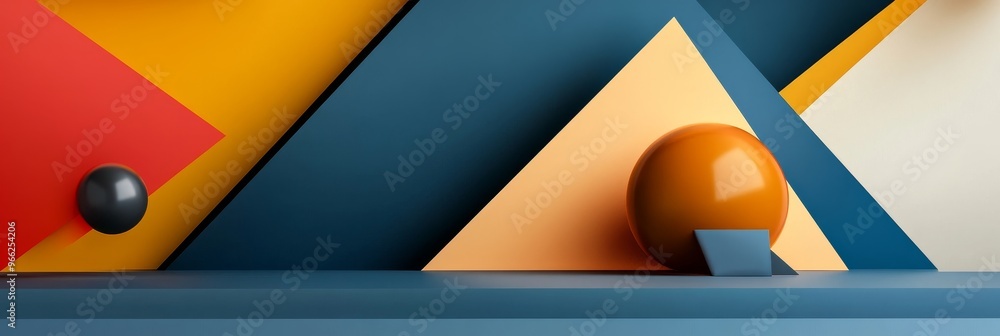 Poster a vibrant abstract composition featuring colorful geometric shapes, including triangles and a sphere