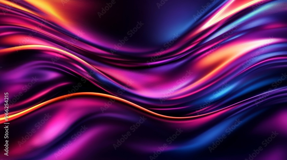 Poster a vibrant abstract background featuring smooth, flowing waves of iridescent liquid. the colors shift