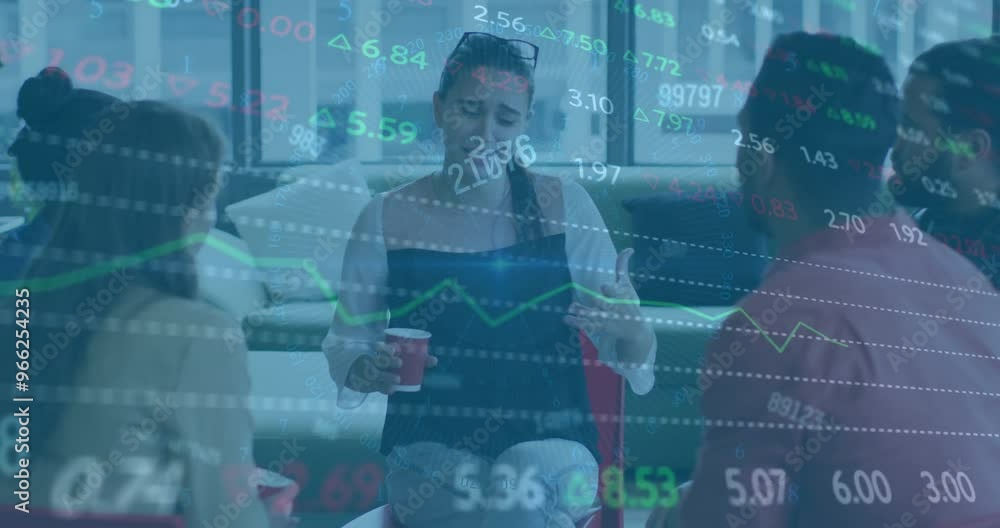 Poster animation of financial data processing over diverse colleagues discussing work in office