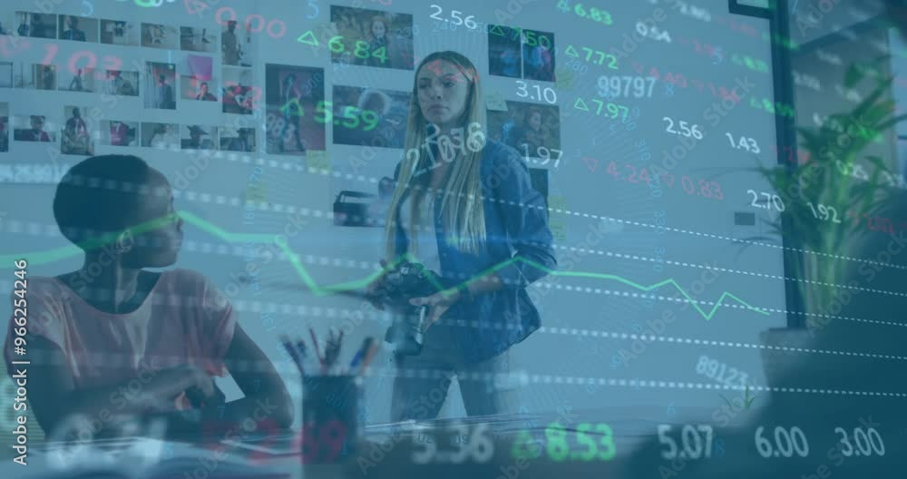 Poster animation of financial data processing over diverse colleagues discussing work in office