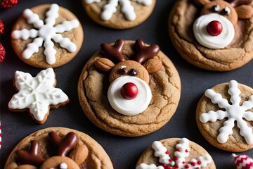 Fototapeta premium Closeup of Festive Reindeer Cookies for Winter Celebrations in December Backdrop