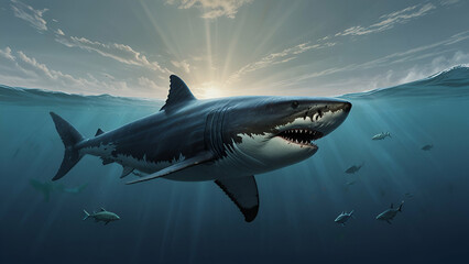 Fototapeta premium great shark glides through the deep blue sea powerful and majestic.