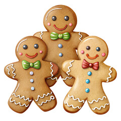 Gingerbread family with smiling faces and bow ties on white background