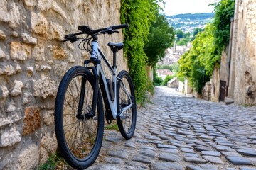 Fototapeta premium A bicycle leaning against the stone wall of a narrow alley in Avignon, the lavender fields visible in the distance