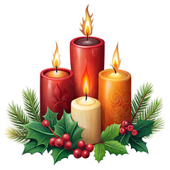 Christmas candles with holly and pine decoration illustration on white background