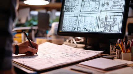 Video creator planning a storyboard for a new project with sketches and notes