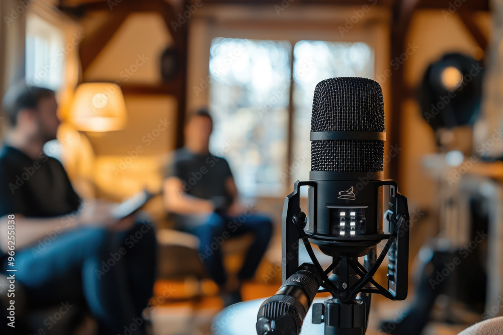 Poster a professional microphone is prominently featured in cozy setting, capturing essence of live perform