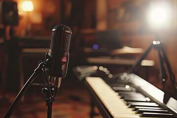 A professional microphone is positioned in cozy studio setting, ready for live performance. warm ambiance enhances creative atmosphere, inviting musical expression