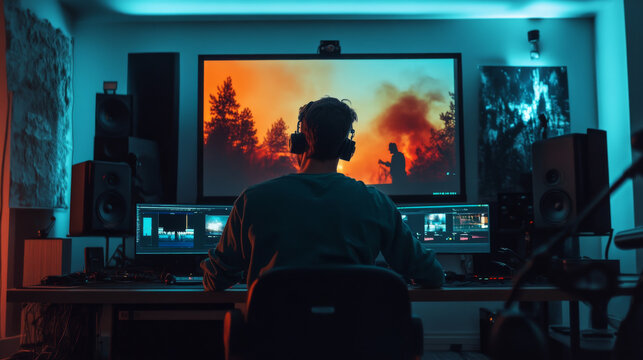 Video creator showcasing their final edit on a large screen in a post-production room