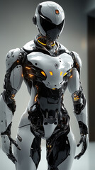 A futuristic robot with a sleek white and black design, standing in a cool pose. The image highlights high-tech elements and the intricate detailing of robotic engineering.