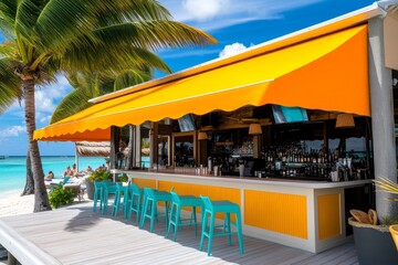 Fototapeta premium A bright orange awning at a juice bar, offering a tropical feel with palm trees and beach chairs underneath