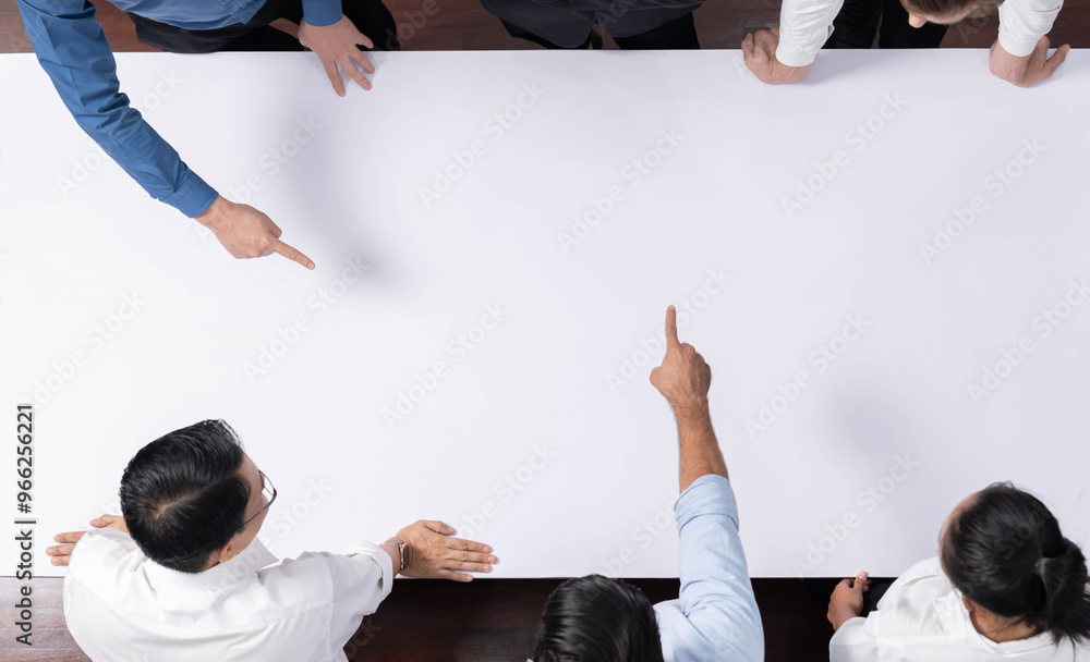 Leinwandbilder panorama banner top view of office worker and businesspeople on meeting table pointing to empty spac