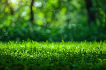 Naklejka premium Lush green grass in sunlit forest