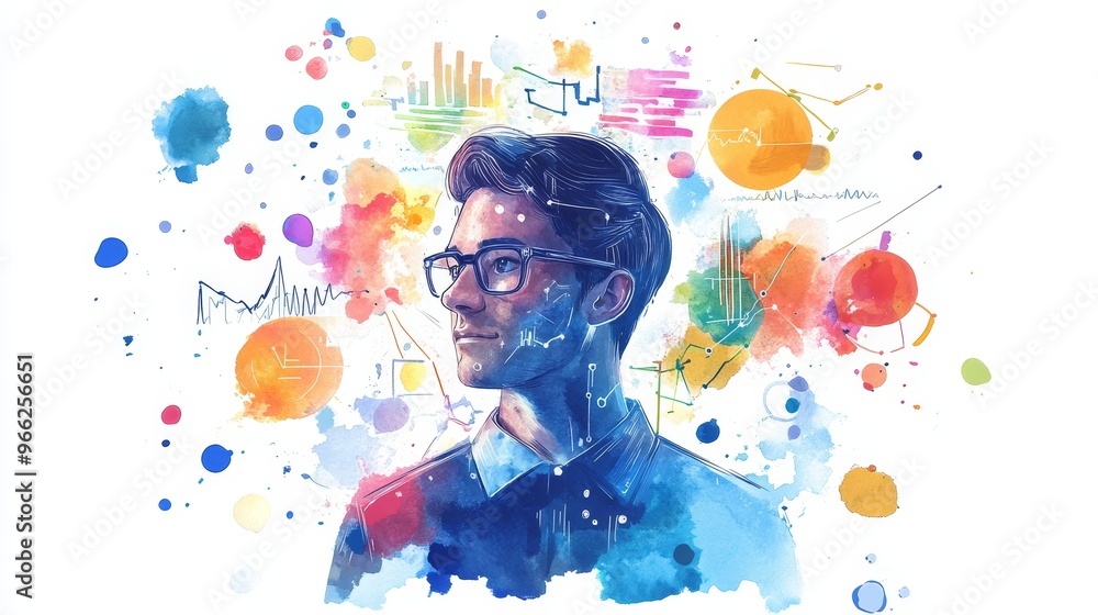 Aufkleber a watercolor illustration depicting a data analyst, surrounded by colorful charts, graphs, and data 
