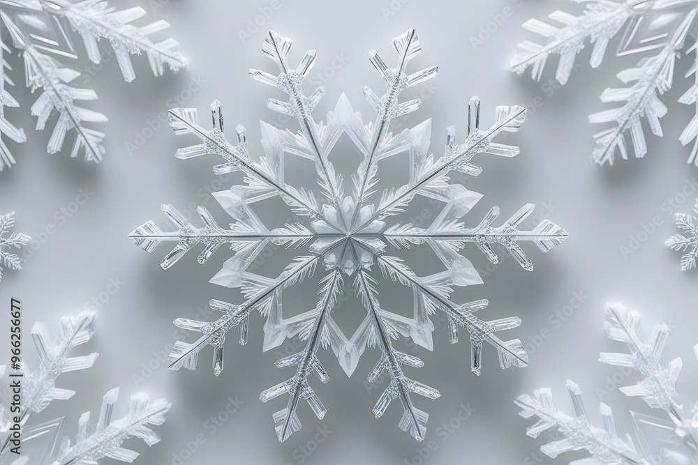 Poster intricate snowflake patterns on pristine white background: a close-up study of natural crystal struc