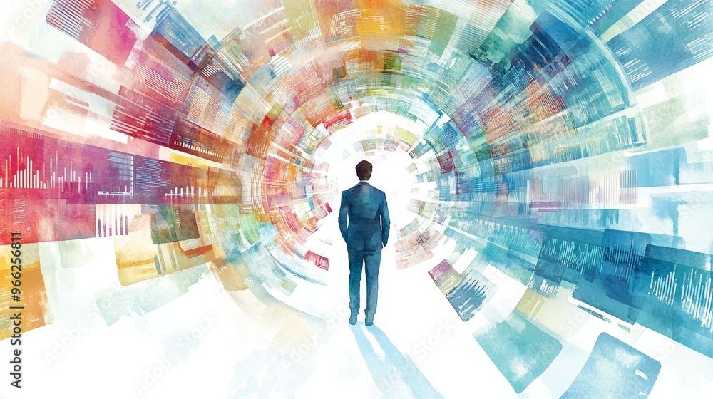 Aufkleber a watercolor illustration depicting a data analyst walking through a tunnel of colorful data, symbol