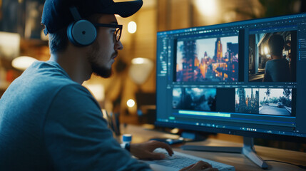 YouTube content creator editing a video on a high-resolution monitor with various software tools