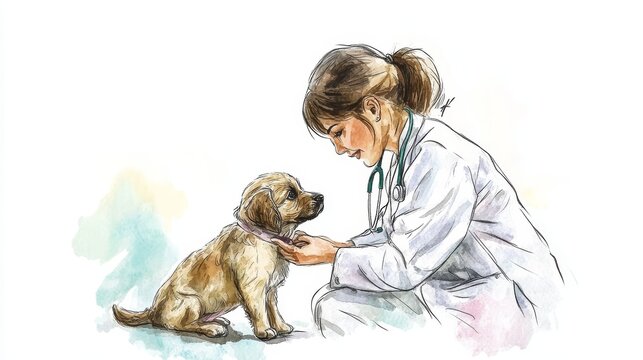 A watercolor illustration depicting a kind veterinarian examining a young puppy. The image symbolizes compassion, care, veterinary medicine, pet health, and animal wellness.