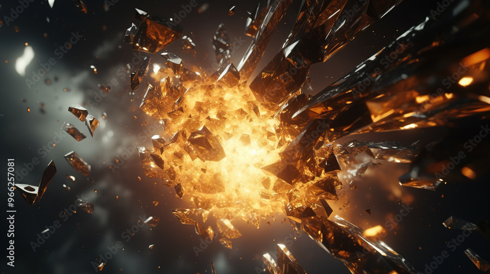 Poster abstract explosion in space with rocks and stones burst in flame, sci-fi and technology background. 