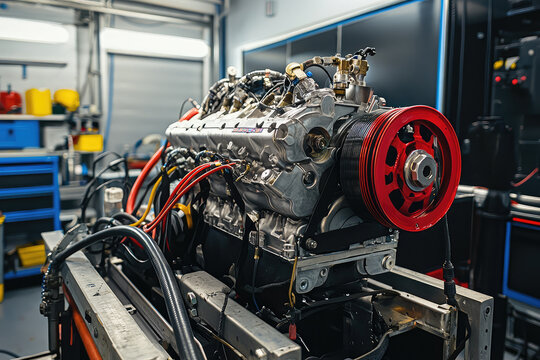 A high performance racing engine is being dyno tested in professional workshop, showcasing advanced engineering and precision. vibrant red components add striking contrast to metallic structure, empha