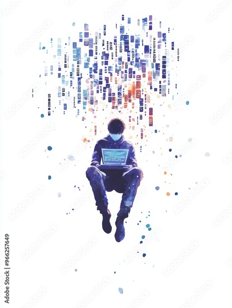Poster a watercolor illustration depicting a web developer sitting with a laptop, surrounded by a colorful 