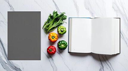 An open book and several different ripe vegetables on a gray white marble background. Book mockup for culinary content
