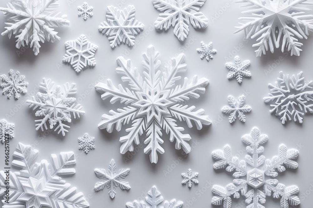 Poster exploring unique snowflake varieties on a white background