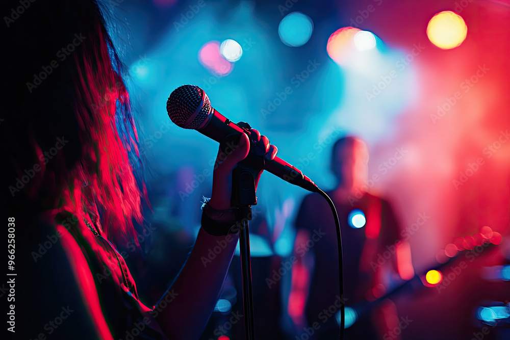 Poster a singer performing live with handheld microphone, surrounded by vibrant stage lights and dynamic at