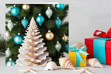 Tropical-Themed Christmas Tree Greeting Card with Seashells, Turquoise Baubles, and Colorful Gift Boxes