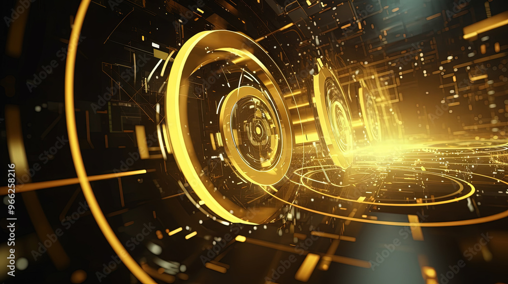 Aufkleber Technology abstract background with hud styled round interface elements in neon tech light. Generated AI.