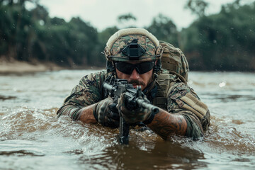 Naklejka premium A special forces operator is conducting waterborne operation, showcasing determination and focus while navigating through river. scene captures intensity of military training in natural environment