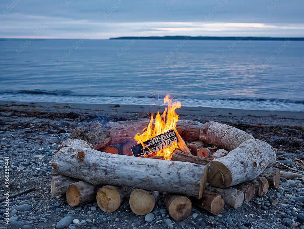 Wall mural a fire is burning in a pile of wood on a beach. the fire is surrounded by logs and the beach is next