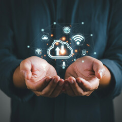 Hands Holding Cloud Technology, Wi-Fi Icons, Global Connectivity Icons, and Communication Icons