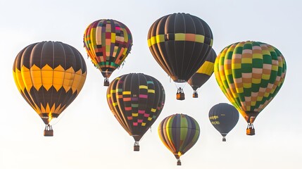 Obraz premium A group of hot air balloons of various shapes and sizes, flying together against a white backdrop. 