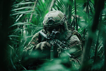 Fototapeta premium A Special Forces operator navigating through dense jungle, showcasing tactical skills and focus. lush greenery surrounds him, enhancing intensity of moment
