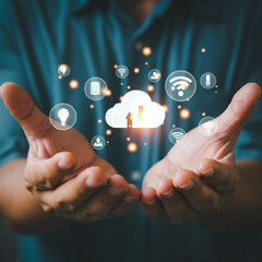 Hands Holding Cloud Technology, Wi-Fi Icons, Global Connectivity Icons, and Communication Icons