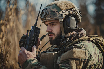 Fototapeta premium A special forces operator using field radio for communication in tactical environment. operator is focused and alert, showcasing intensity of military operations