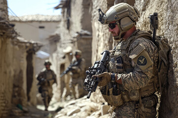 Obraz premium A Special Forces soldier coordinating with local forces in rugged environment, showcasing tactical readiness and teamwork. scene captures intensity of military operations